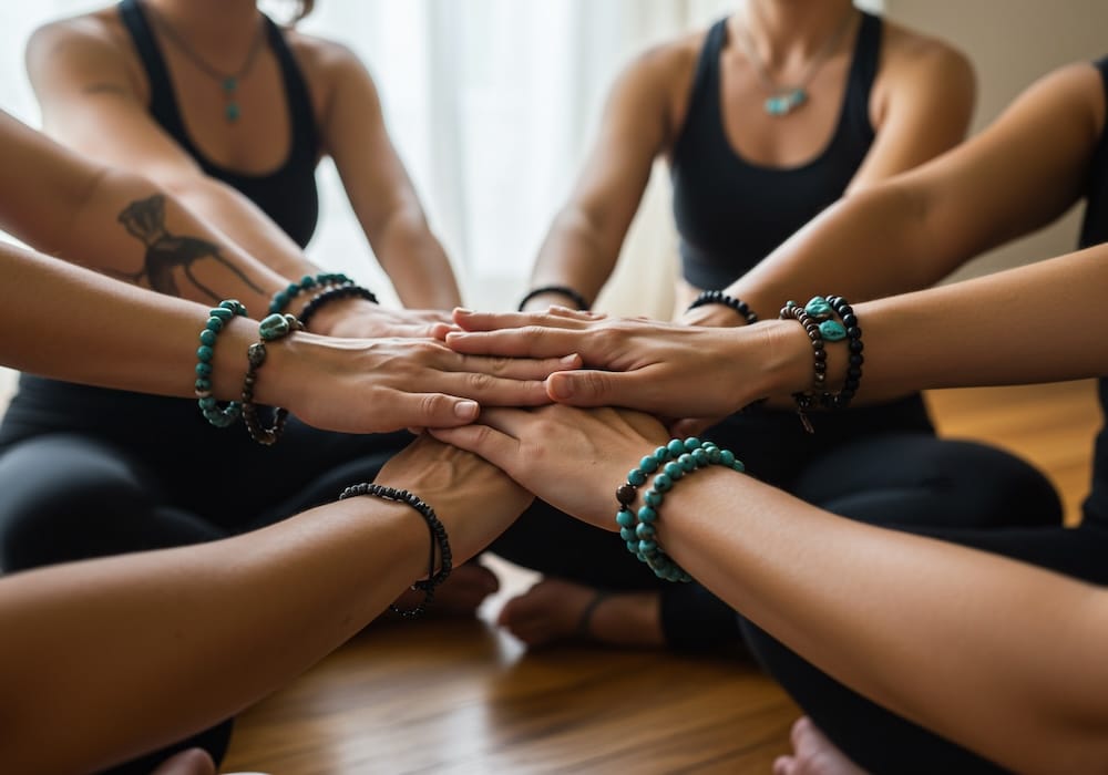 Groupe de yoga joignant les mains – esprit d’équipe et valeurs Colife Genève