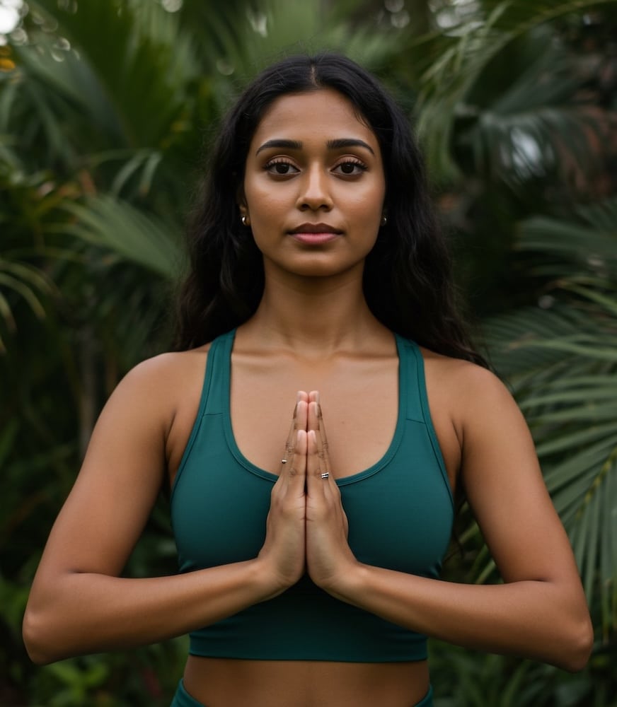 Professeure de yoga en posture Namaste – recrutement yoga et pilates Genève